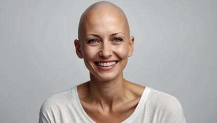 Foto op Canvas portrait of smiling bald woman suffering from cancer isolated on background © Amir Bajric
