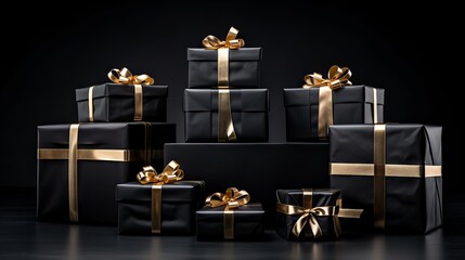 Elegant black gift boxes with ribbons and bows on a dark background for Black Friday sale - obrazy, fototapety, plakaty