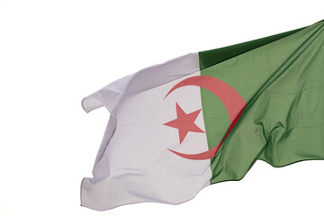 Flag of Algeria. The large Algerian flag flutters in the wind. Close-up. Great for news. Algeria flag on white background