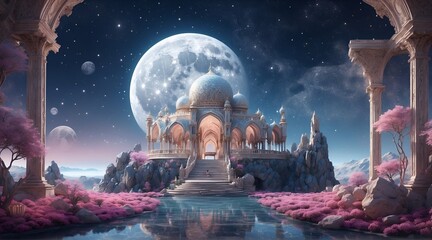 In a photograph saturated with intense hues, an opulent lunar space oasis emerges, its main subject a towering crystal palace nestled between jagged lunar cliffs.  - obrazy, fototapety, plakaty