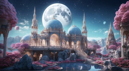 In a photograph saturated with intense hues, an opulent lunar space oasis emerges, its main subject...