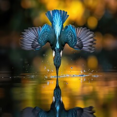 a kingfisher bird diving down into water
