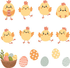 Vector set illustration for easter holiday. Cute Easter chickens, eggs and basket with Easter eggs . Vector illustration