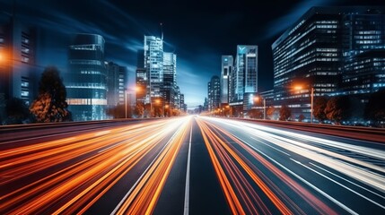 Time lapse of cars with light trails in a modern city at night. Abstract motion blur and soft glowing lines of transportation.