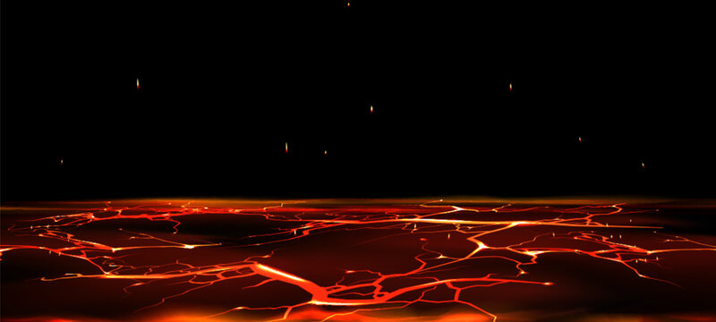 Crack ground or floor with red light glowing. Realistic vector illustration of broken molten volcanic terrain with fracture crash, bright energy burn lightening, floating flare sparkles and smoke.