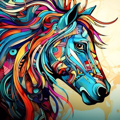 Abstract horse head close up with tangled doodle elements. Full color illustrations. generative ai