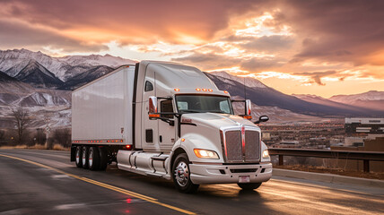 White semi truck driving down a road with mountains in the background at sunset or dawn with a bright sun shining on the truck's cab.
