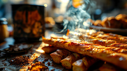 Bread sticks on the table in a cafe. Selective focus. - obrazy, fototapety, plakaty