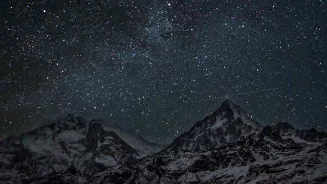 timelapse of night sky over Annapurna- Annapurna south viewed from Khopra ridge