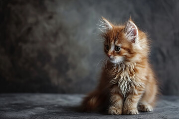 Little fluffy kitten on a gray studio background 