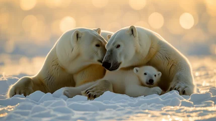 Deurstickers polar bear family, mother and baby together relax on snow. clean and bright white snowfield background with golden sun light.  © Sweetrose official 