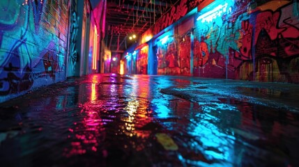 Graffiti artists playground with neon paints splashed across dull surfaces adding a pop of color to...