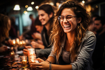 Joyful young woman laughing with friends during an evening gathering at a cozy bar or restaurant. - obrazy, fototapety, plakaty