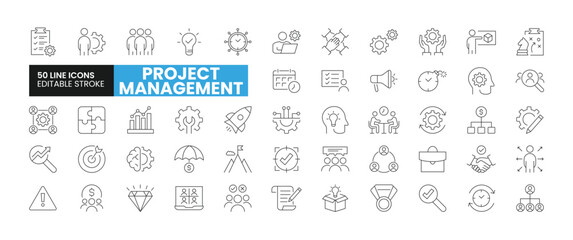 Set of 50 Project Management line icons set. Project Management outline icons with editable stroke collection. Includes Project, Time Management, Innovation, Risk, Collaboration, and More.