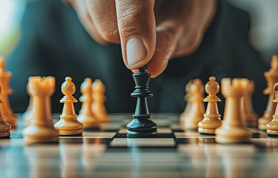 Close-up of Businessman hands moving chess piece on chess board game
