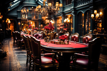 An elegant and opulent restaurant interior with red plush chairs, antique chandeliers, and candlelit tables, inviting a luxurious dining experience.