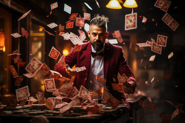 A skilled magician in a stylish burgundy suit performs a card trick, creating a dynamic spectacle with cards flying through the air. - obrazy, fototapety, plakaty