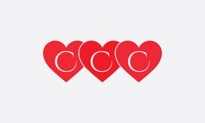 Triple Hearts shape CCC. Red heart sign letters. Valentine icon and love symbol. Romance love with heart sign and letters. Gift red love