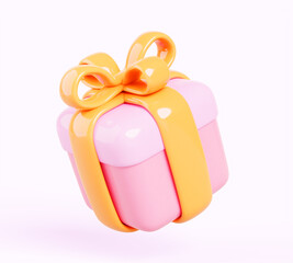 3d pink gift box with gold ribbon. Isolated closed package render icon with glossy bow on white background. Holiday surprise, present for birthday, wedding, valentine or mother day. 3D illustration
