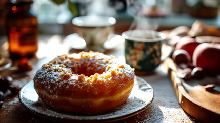 Donut with icing sugar and cup of tea on the wooden table.
