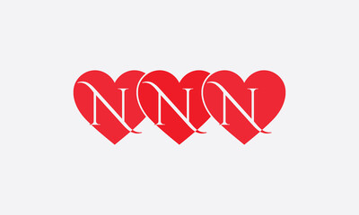 Triple Hearts shape NNN. Red heart sign letters. Valentine icon and love symbol. Romance love with heart sign and letters. Gift red love