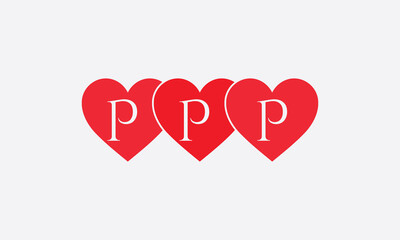 Triple Hearts shape PPP. Red heart sign letters. Valentine icon and love symbol. Romance love with heart sign and letters. Gift red love