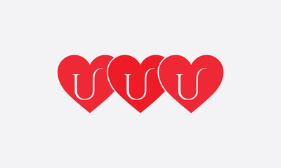 Triple Hearts shape UUU. Red heart sign letters. Valentine icon and love symbol. Romance love with heart sign and letters. Gift red love
