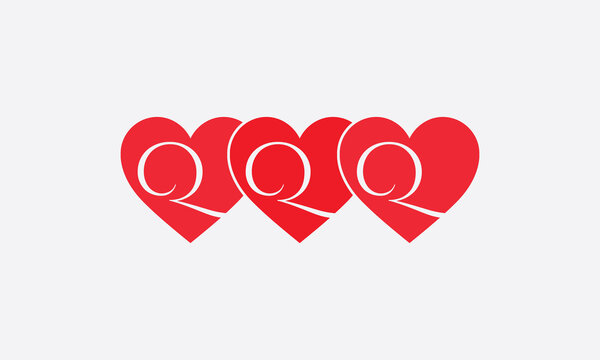 Triple Hearts shape QQQ. Red heart sign letters. Valentine icon and love symbol. Romance love with heart sign and letters. Gift red love
