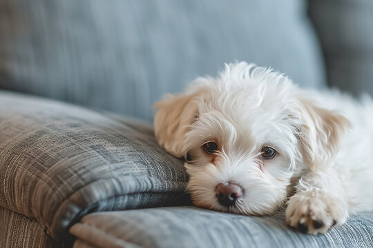 Small white puppy lounging on a couch 