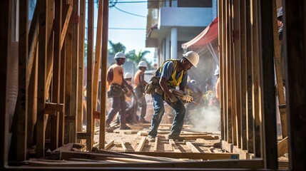 Professional construction workers installing a wooden door frame in a new building project