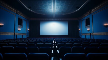 Blue cinema hall with white blank screen and empty seats. Concept of movie theater, entertainment, and leisure.