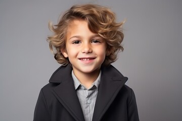 Portrait of a cute little boy with curly hair in a black coat.