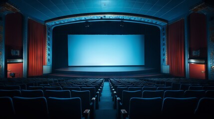 Blue cinema hall with white blank screen and empty seats. Concept of movie theater, entertainment, and leisure. - obrazy, fototapety, plakaty