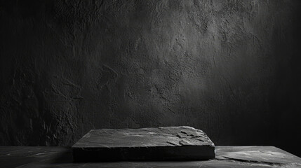 a black piece of slate podium on a dark background,black Stone rock podium with black background, for product display, presentation. - obrazy, fototapety, plakaty