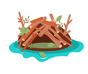 Cartoon beaver hut made of sticks and logs on white background. Animal building. Vector isolated illustration.  © AngArt