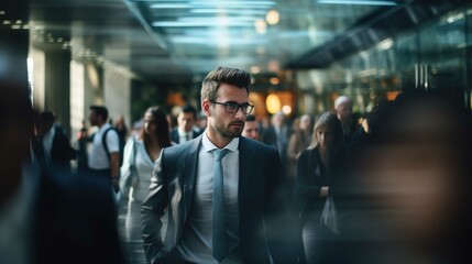 Fototapeta premium Businessman walking in an office lobby with his colleagues in the background. Generative Ai. 