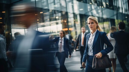 Fototapeta premium Businesswoman in front of a group of businesspeople in the city. Generative Ai. 