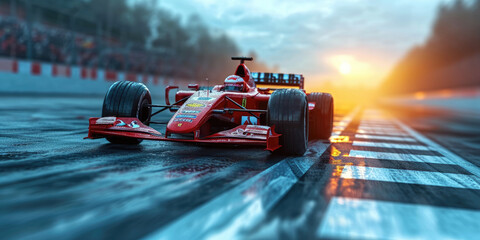 A fast red and white race car zooming along a track, perfect for race car events, sports posters, or automotive designs needing a dynamic touch.formula 1 winner	
 - obrazy, fototapety, plakaty