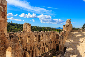 Fototapeta na wymiar Odeon of Herodes Atticus is a stone Roman theatre structure located on the southwest slope of the Acropolis of Athens, Greece