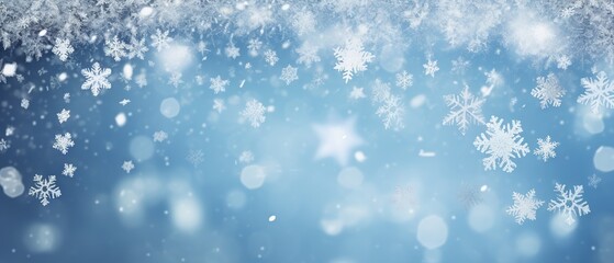 Naklejka na ściany i meble Winter wonderland: snowflakes and bokeh effect on a blue background