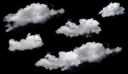 Set collection of white long cumulus clouds isolated on black background. Climate, metrology,...