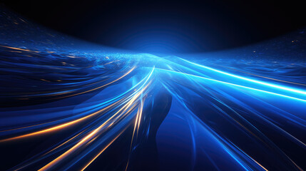 A blue light streaks through the center of a dark tunnel depicts a dynamic and futuristic tunnel with glowing blue light, perfect for technology, speed, and innovation-themed designs.