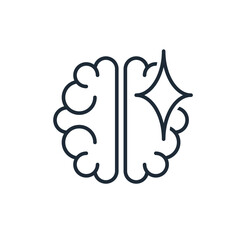Human brain with spark. A brilliant shiny idea, an insight. Eureka. Vector linear icon isolated on white background.