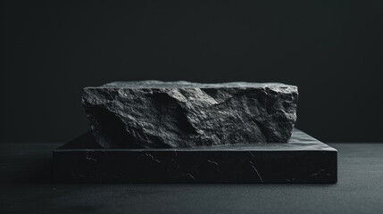 a black piece of slate podium on a dark background,black Stone rock podium with black background, for product display, presentation.