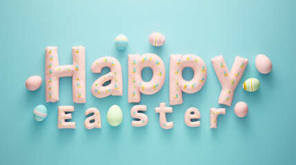 A pastel-colored Happy Easter message with decorative eggs on a blue background, suitable for Easter holiday greetings