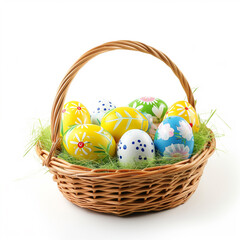 A wicker basket filled with colorful painted Easter eggs on a bed of green grass, isolated on a white background