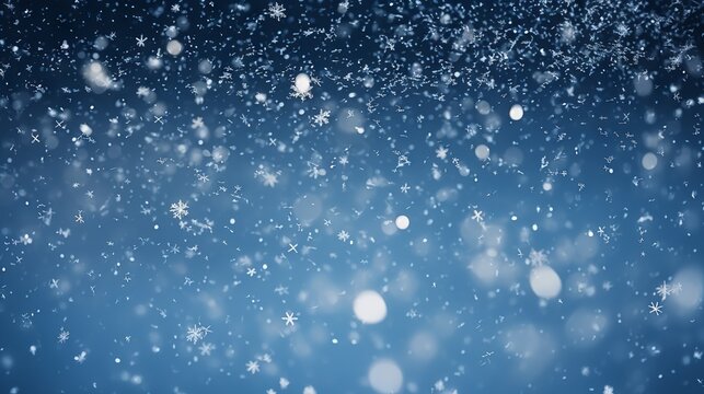 Snowy winter scene with sparkling bokeh effect on blue background