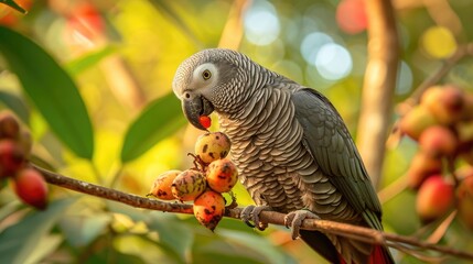 Obraz premium grey parrot sitting on a tree branch eating fruits