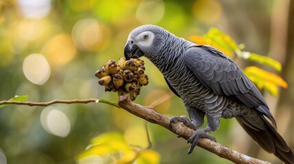 grey parrot sitting on a tree branch eating fruits