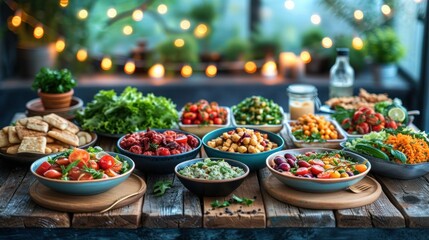 Fototapeta premium Vibrant vegan feast awaits with kaleidoscope of food